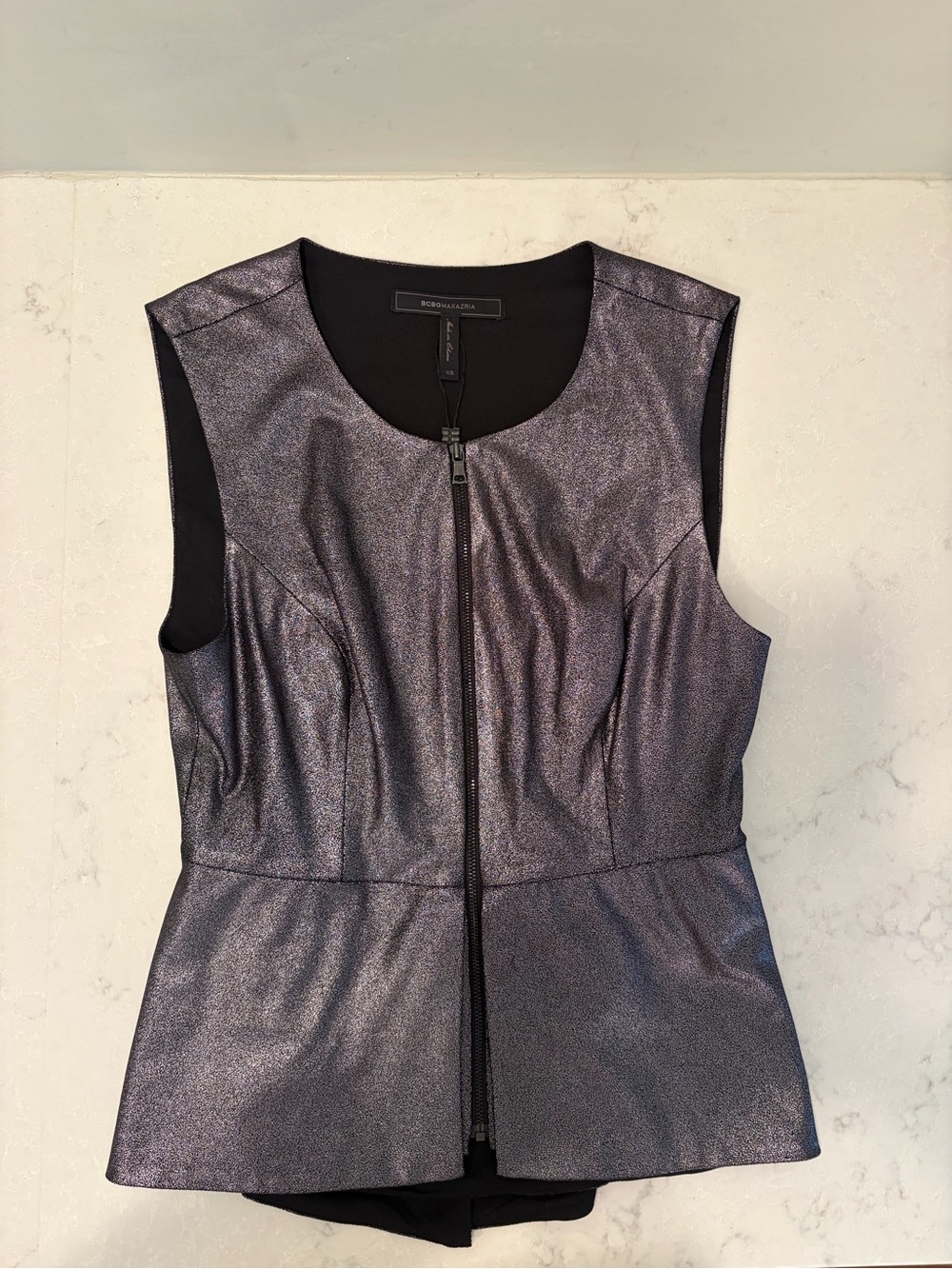 BCBGMaxAzria Shimmery Gunmetal Zip-Front Peplum Top Size XS NWT - Picture 6 of 8